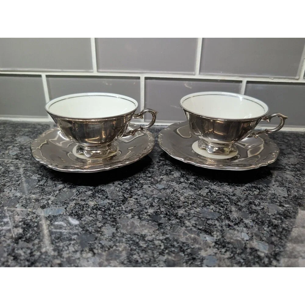 Vintage Bavaria Porcelain Silver White Germany 2 demitasse cups saucers